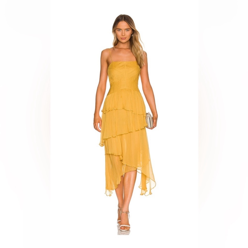 Shona Joy Iris Pin Tuck Frill Midi Dress in Saffron size 4